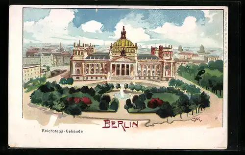 Lithographie Berlin-Tiergarten, Reichstags-Gebäude mit Anlagen aus der Vogelschau