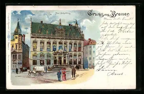 Lithographie Bremen, Der Schütting, Strassenansicht, Glitzerperlen