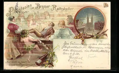 Lithographie Bremen, Träumender Weintrinker im Gasthaus Ratskeller, Ortspartie bei Vollmond