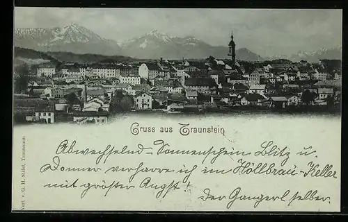 Mondschein-AK Traunstein, Ortspanorama mit Bergkette