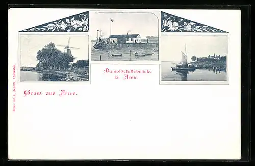 AK Arnis, Dampfschiffsbrücke, Partien mit Windmühle und Segelboot