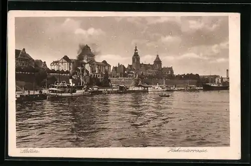 AK Stettin, Hakenterrasse, vom Wasser gesehen