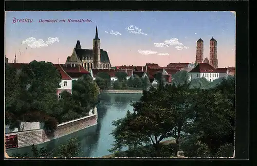 AK Breslau, Dominsel mit Kreuzkirche aus der Vogelschau