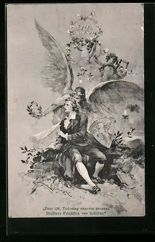 AK 100. Todestag Friedrich Schillers 1905, Der Dichter mit Engeln