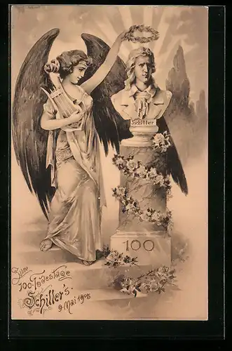AK 100. Todestag Schillers 1905, Engel setzt Schillers Büste einen Lorbeerkranz auf