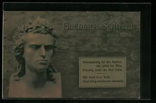 AK 100. Todestag Schillers 1905, Büste und Zitat