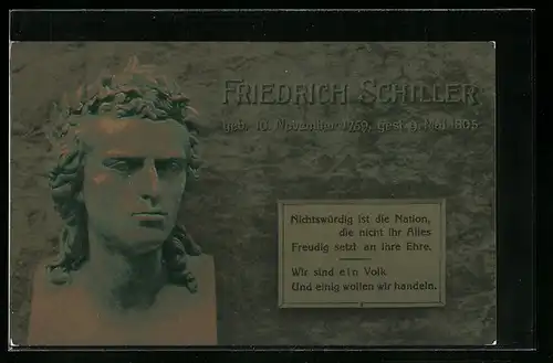 AK 100. Todestag Schillers 1905, Büste mit Lorbeerkranz, Zitat