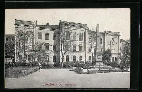 AK Zwickau, Sa., Gymnasium mit Denkmal und Anlagen