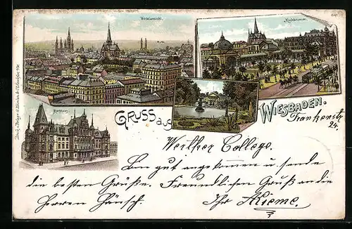 Lithographie Wiesbaden, Totalansicht, Kochbrunnen, Rathaus