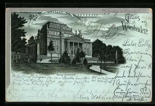 Mondschein-Lithographie Wiesbaden, Königliches Hoftheater mit Anlagen