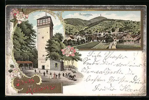 Lithographie Zwingenberg a. d. B., Melibocus, Aussichtsturm, Ortsansicht