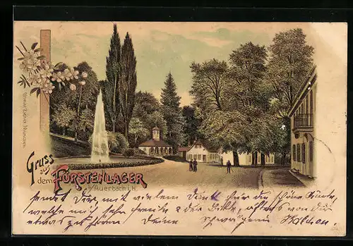 Lithographie Fürstenlager bei Auerbach i. H., Ortspartie mit Springbrunnen und Kirche