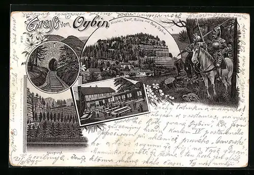 Vorläufer-Lithographie Oybin, 1895, Ortsansicht mit Kirche und Berg, Burgthor, Ritter