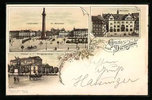 Lithographie Darmstadt, Louisenplatz mit Monument, Marktplatz