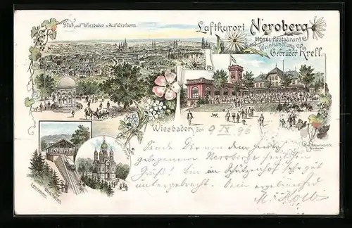 Lithographie Wiesbaden, Ortsansicht, Hotel-Restaurant Neroberg Gebrüder Krell