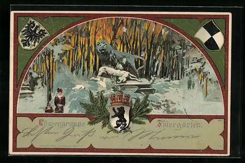 Lithographie Berlin-Tiergarten, Löwengruppe im Thiergarten im Winter, Wappen