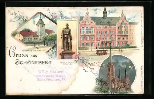 Lithographie Berlin-Schöneberg, Rathaus mit Strassenbahn, Alte Kirche und Pfarrhaus, Kaiserdenkmal