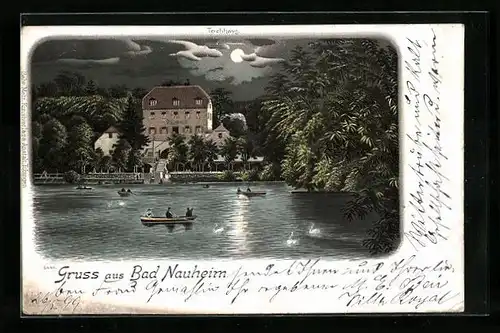 Mondschein-Lithographie Bad Nauheim, Gasthaus Teichhaus mit Ruderpartie