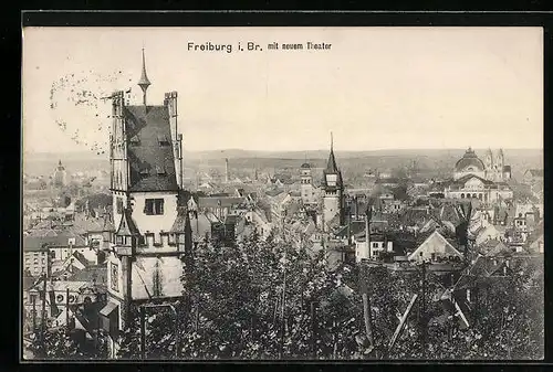 AK Freiburg i. Br., Ortsansicht mit neuem Theater