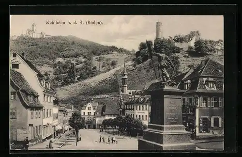 AK Weinheim a. d. B., Ortspartie mit Denkmal Wilhelm I.