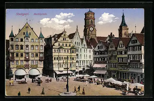 AK Stuttgart, Marktplatz mit Ständen aus der Vogelschau