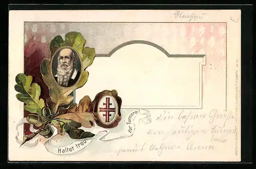 Passepartout-Lithographie Portrait Turnvater Jahn in einem Eichenblatt, Motto Haltet treu, Turner-Logo