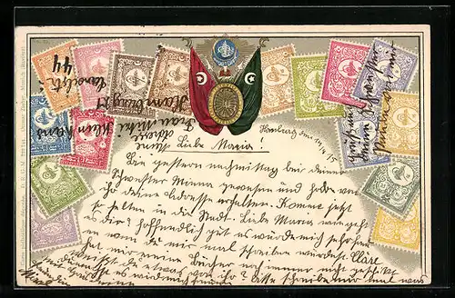 Präge-AK Türkei, Briefmarken der Türkei mit grüner und roter Fahne