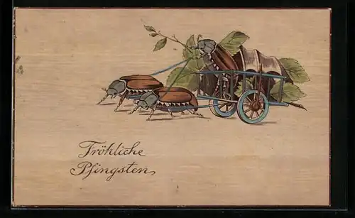 Holzbrand-Imitations-AK Maikäfer als Kutscher eines von Maikäfern gezogenen Wagens, Pfingstgruss