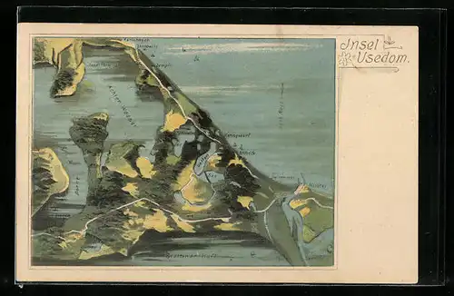 AK Ahlbeck, Landkarte der Insel Usedom aus der Vogelschau