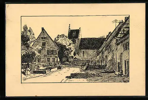 Künstler-AK Bitz, Strassenpartie mit Kirche