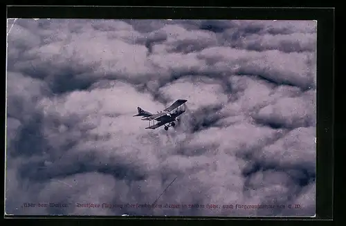 AK Über den Wolken, Deutsches Flugzeug über feindlichen Gebiet in 2800m Höhe, Fliegeraufnahme