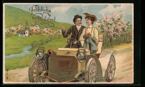 Lithographie Verliebtes Paar beim Autofahren, Pfingstgruss