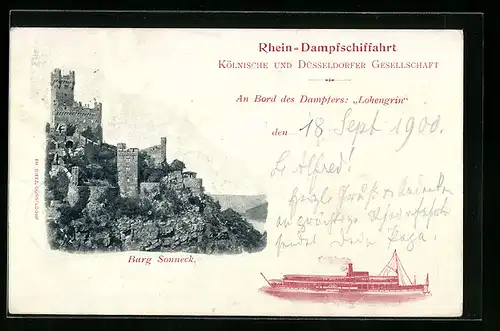 AK Burg Sonneck, Rhein-Dampfer Lohengrin