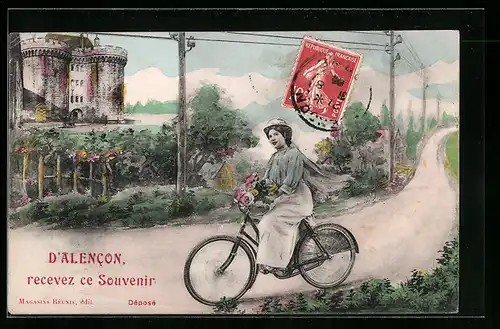 AK D`Alencon recevez ce Souvenir, Dame auf Fahrrad