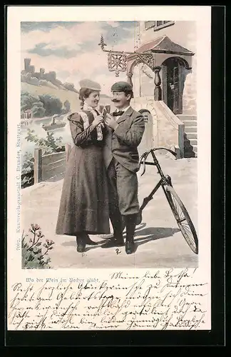 AK Liebespaar mit Fahrrad, Wo der perlende Wein im Becher glüht