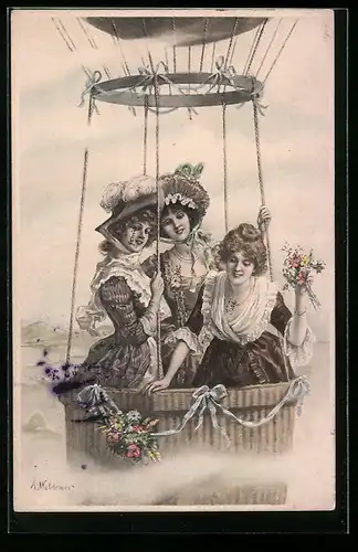 Künstler-AK Edle Damen an Bord eines Ballons