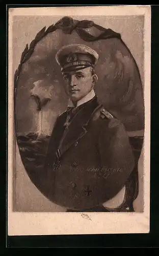 Künstler-AK Kapitänleutnant der U9 Otto Weddigen im Portrait, U-Boot