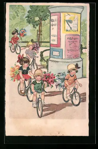 AK Kinderchen mit Fahrrädern im Park an einer Litfassäule