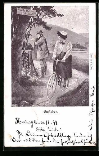 AK Dame auf Fahrrad ist dem Jäger Entflohen