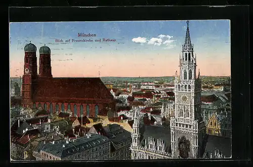 AK München, Blick auf Frauenkirche und Rathaus
