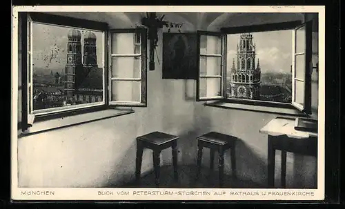 AK München, Blick vom Petersturm-Stübchen auf Rathaus und Frauenkirche