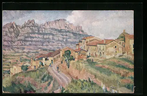 Künstler-AK Vacarisas, Ortsansicht auf dem Berg