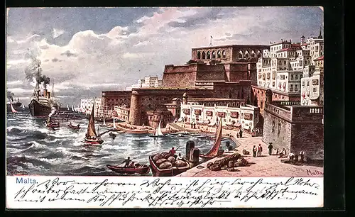Künstler-AK Malta, Schiffe und Festung im Hafen