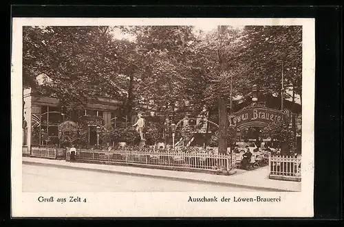 AK Berlin, Gasthaus Zelt 4, Ausschank der Löwen-Brauerei, Strassenansicht