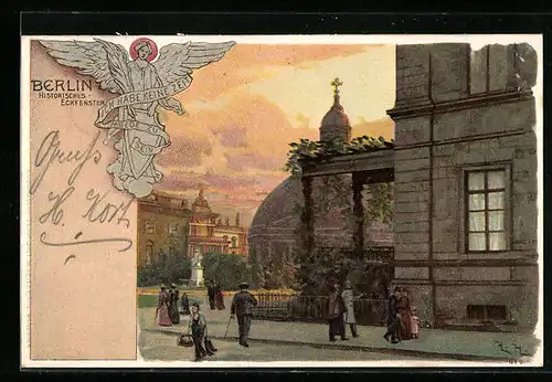 Lithographie Berlin, Strassenpartie an der Hedwigskirche, Engel, Behrenstrasse