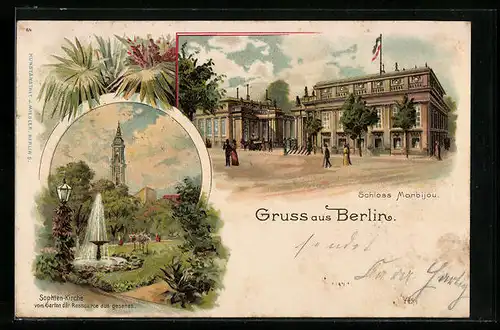 Lithographie Berlin, Schloss Monbijou, Garten der Ressource mit Sophienkirche, Oranienburger Strasse