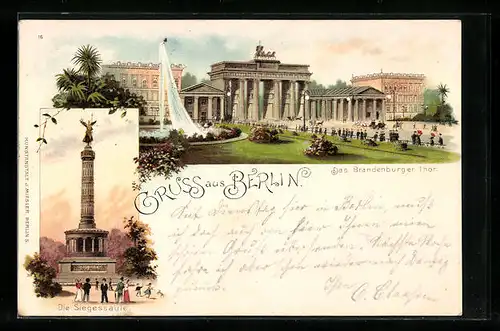 Lithographie Berlin, Pariser Platz, Brandenburger Tor mit Anlagen, Siegessäule
