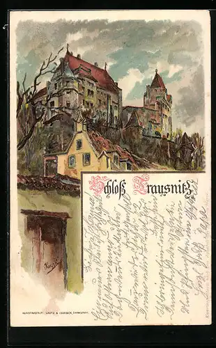 Lithographie Trausnitz, Ansicht vom Schloss