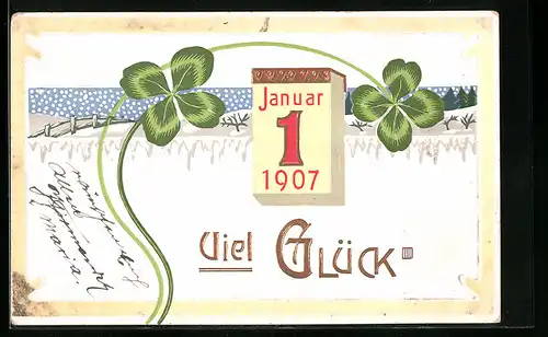 AK Kalenderblatt mit Jahreszahl 1907, Kleeblätter