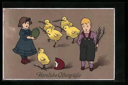 AK Kinder mit Osterküken, Palmzweige